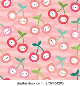 Cherry kawaii face fruit pattern, cute heart fruit cartoon seamless background with dot, Vector illustration