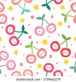 Cherry kawaii face fruit pattern, cute heart fruit cartoon seamless background with dot, Vector illustration