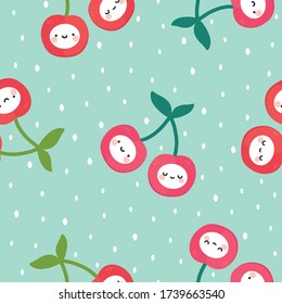 Cherry kawaii face fruit pattern, cute heart fruit cartoon seamless background with dot, Vector illustration