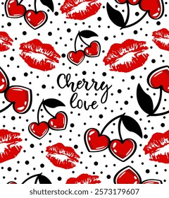 Cherry kissing pattern on white background.