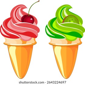 cherry and kiwi ice cream in a cone