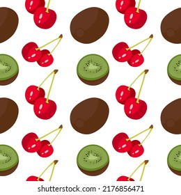 Cherry and kiwi seamless pattern. Kiwi and cherry fruits seamless pattern for print. Fruit in white background. vector illustration
