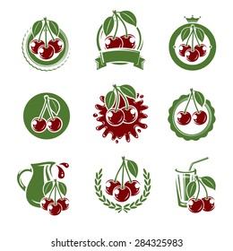 Cherry label and icons set. Vector