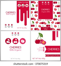 Cherry label set. Collection of fruits covers for package design.