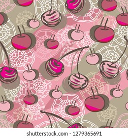 Cherry and Lace-Fruit Delight seamless Repeat Pattern illustration .Background in pink,maroon, brown and cream. Modern Pattern Background. Surface pattern Design, Perfect for Fabric, Scrapbook