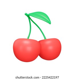 Cherry with a leaf 3d icon. Isolated object on transparent background