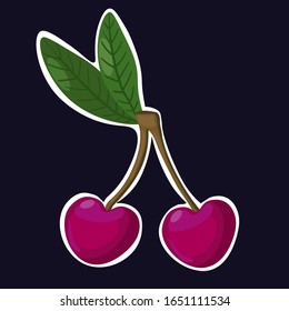 
Сute cherry with leaf in cartoon style on a dark blue background. Cherry Logo. Stickers.