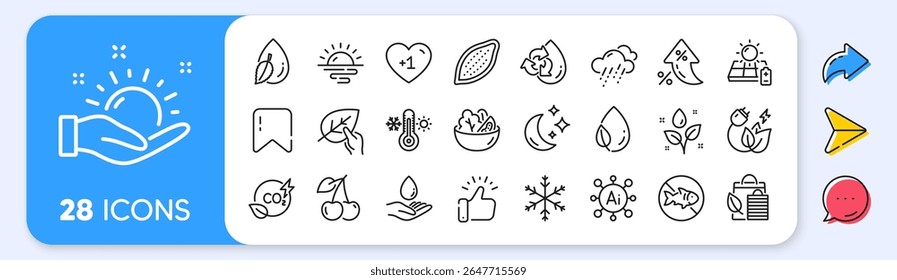 Cherry, Leaf dew and Plants watering line icons. Interest rate, AI generate, Inflation icons. Pack of Cocoa nut, Thermometer, Snowflake icon. Solar panel, Sunrise, Water care pictogram. Vector