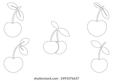 Cherry with leaf flat outline vector on white background