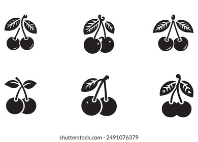 Cherry with leaf flat silhouette vector illustration on white background