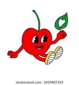 Cherry with leaf with heart shape in hand. Groovy retro mascot character. Summer vector illustration perfect for t-shirt, sticker, poster, badge, logo