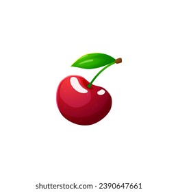 Cherry with leaf photorealistic 3d icon for food and cosmetics packs design. Realistic 3D icon of single ripe cherry berry vector illustration isolated on white background