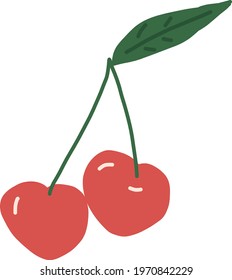 cherry and leave icon. hand drawn vector, minimalism. berry, summer sweet juicy red fruit, pair