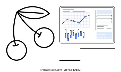 Cherry with leaves beside a data analytics dashboard displaying line and bar charts, graphs, and data tables. Ideal for food industry, data analysis, business performance, health metrics, financial