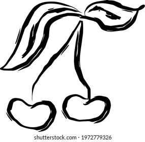 cherry with leaves black and white hand drawing outline vector