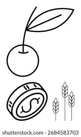 Cereza con hojas, moneda de dólar y tallos de trigo en blanco y negro arte de línea Ideal para negocios agrícolas, finanzas agrícolas, crecimiento económico, sostenibilidad, productos orgánicos, inversión