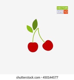 Cherry with leaves on white background. Vector illustration.