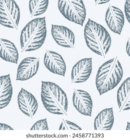 Cherry leaves seamless pattern. Blue leaf prints on a white background. Suitable for textile, wrapping paper, wallpaper and cover.