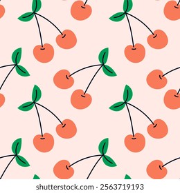 Cherry and Leaves Seamless Pattern. Hand drawn minimal juicy background with falling berries. Fruit repeat vector illustration