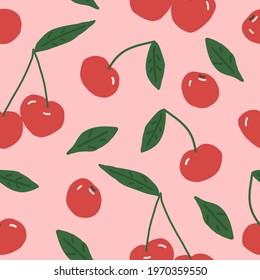 cherry and leaves vector seamless pattern. hand drawn. illustration for wallpaper, wrapping paper, textile, background. red juicy summer fruit