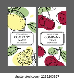CHERRY AND LEMON Label Templates Design Of Stickers For Shop Of Tropical Organic Natural Fresh Juicy Fruits And Dessert Drinks In Vintage Vector Collection