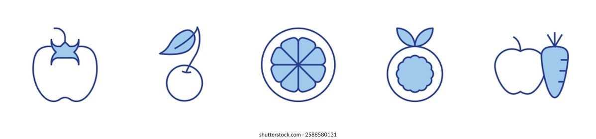 cherry, lemon, nutrition, passion fruit, tomato. Fruits Icon vector illustration. Line Duotone style. Editable stroke.