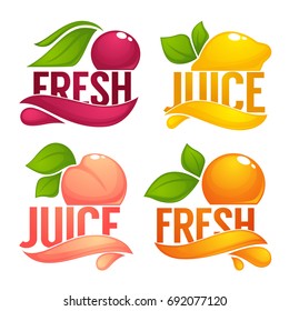 Cherry, Lemon, Orange, Peach, vector collection of fresh fruit and berries juice labels, stickers and emblems