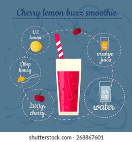 Cherry lemon smoothie recipe. Menu element for cafe or restaurant with energetic fresh drink. Fresh juice for healthy life.