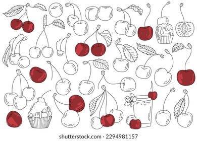 Cherry in line art illustrations. Hand Drawn detailed sketch arts of organic and juicy cherries fruits with leaf. Tasty desserts and juice. Season vitamin design elements
