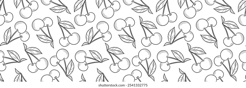 Cherry line art vector repeat pattern banner, seamless horizontal cover background design