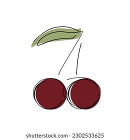 Cherry. Line drawing of red cherry with green leaf. minimalistic line art with with accent spots. Colored doodles on a white background.