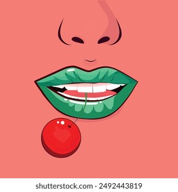 cereza y labios sobre fondo rosa