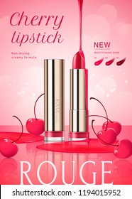 Cherry lipstick ads with glossy liquid dripping down from top in 3d illustration on bokeh pink background