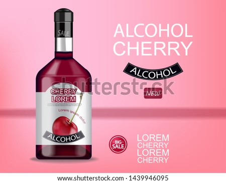 Cherry liquor bottle Vector realistic mock up. Product placement label design. 3d illustration