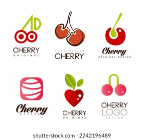 Cherry Logo Design with Bright Red Berry Vector Template Set