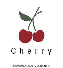 Logotipo de cereza: diseño de silueta de Vector mínimo de cerezas con tallo y hoja, ideal para marcas de alimentos orgánicos, empaques de jugos, etiquetas de frutas, logotipos de granjas y temas de estilo de vida saludable