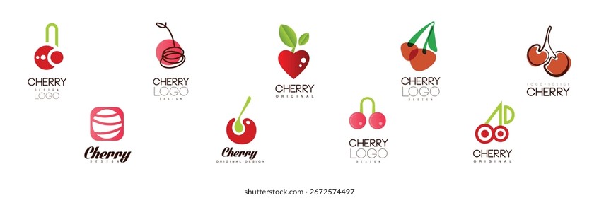 Cherry Logo Original Design with Bright Berry Vector Set