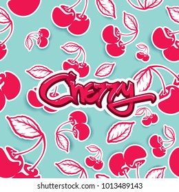 Cherry logo sign lettering on seamless pattern background