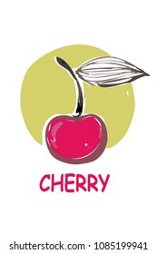 cherry logotype isolated on white background in yellow circle, icons, design, sticker, vector illustration