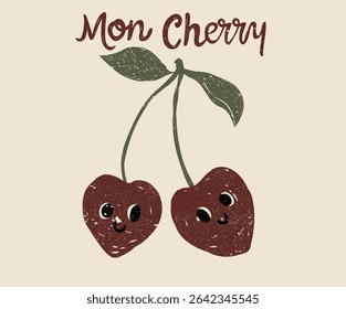 Cherry love character. Organic food artwork for for t-shirt. Fruit vintage t-shirt design. Start fresh day. Have a nice day. Sweet cherry artwork. Cherry fruit print.