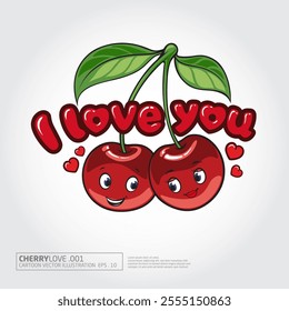 Cherry Love Vector Logo Cartoon Characters. This cute cherry logo cartoon illustration is perfect for any project that is funny, cartoony, or romantic.