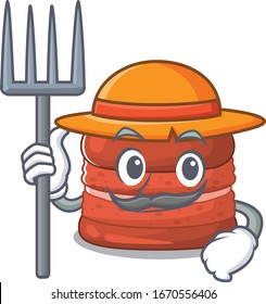 Cherry macaron in Farmer cartoon character with hat and pitchfork