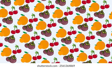 Cherry, mangosteen, orange fruit pattern background. Vector of Cherry, mangosteen, orange fruit icon. Perfect for textile, fabric, print, web, business, ads, social media, many more. SSTKbackgrounds 
