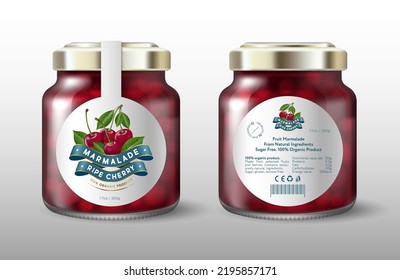 Cherry marmalade. Cherries and silk ribbons. White round label for sweet preservation. Mockup of a glass jar with a label.