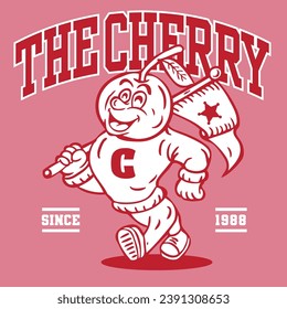 Cherry Mascot Character Design in Sport Vintage Athletic Style Hand Drawn Vector Design