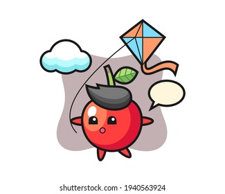 Cherry mascot illustration is playing kite
