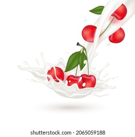 Cherry milk with berry and milk yogurt splashing isolated on white background. Exercises and eat healthy food. Health concept. Realistic 3d vector illustration.