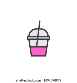 Cherry Milk shake container filled outline icon, line vector sign, linear colorful pictogram isolated on white. Plastic cup drink with straw symbol, logo illustration. Pixel perfect vector graphics