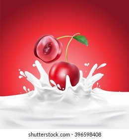 Cherry Milk, yogurt splashing vector concept