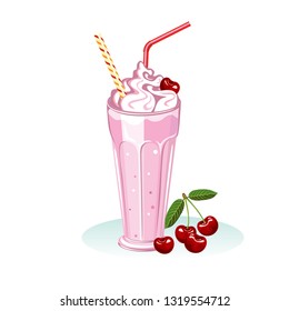 Cherry milkshake in glass with straw isolated on white background. Vector illustration of refreshing cocktail with fresh red berry in cartoon simple flat style.